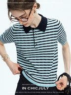 chicjuly Wadi Blue Unique Knit Striped Polo Women's Combed Cotton Short Sleeve T-shirts