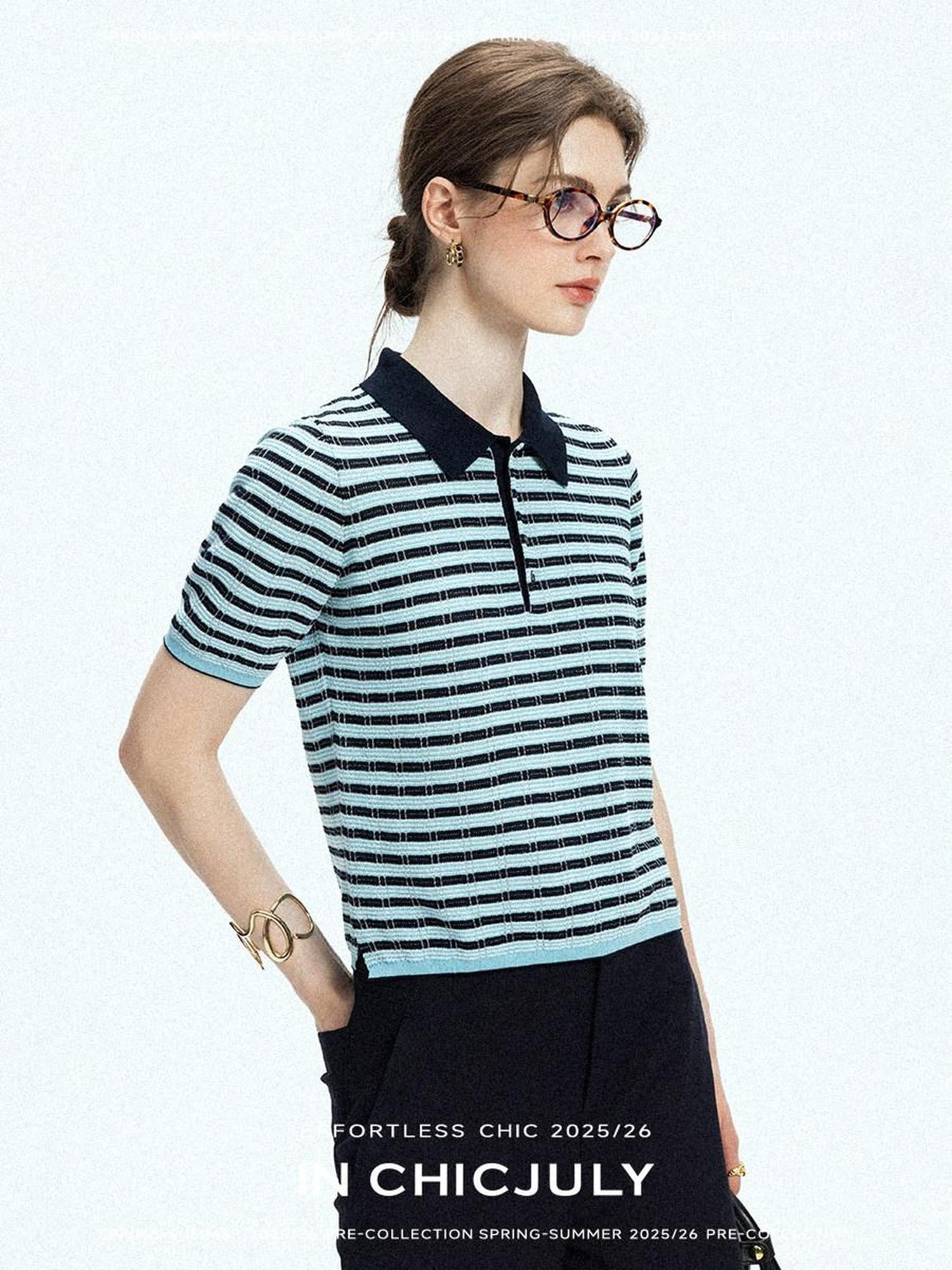 chicjuly Wadi Blue Unique Knit Striped Polo Women's Combed Cotton Short Sleeve T-shirts