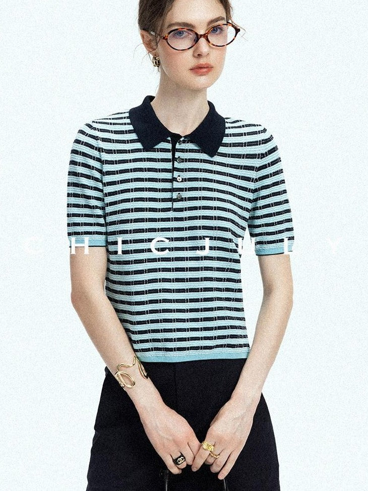 chicjuly Wadi Blue Unique Knit Striped Polo Women's Combed Cotton Short Sleeve T-shirts