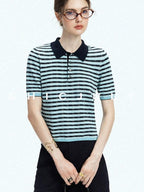 chicjuly Wadi Blue Unique Knit Striped Polo Women's Combed Cotton Short Sleeve T-shirts