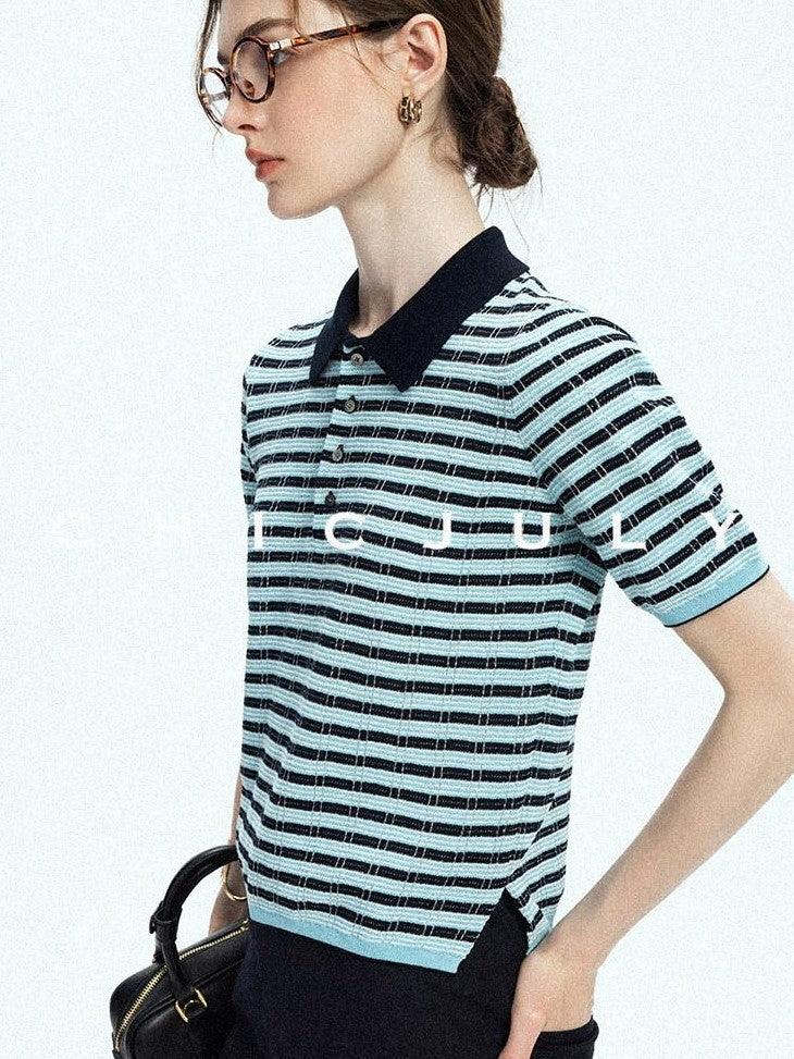 chicjuly Wadi Blue Unique Knit Striped Polo Women's Combed Cotton Short Sleeve T-shirts