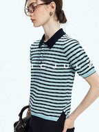 chicjuly Wadi Blue Unique Knit Striped Polo Women's Combed Cotton Short Sleeve T-shirts