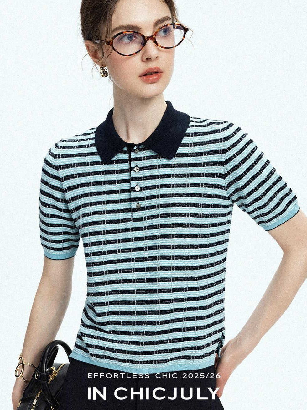 chicjuly Wadi Blue Unique Knit Striped Polo Women's Combed Cotton Short Sleeve T-shirts