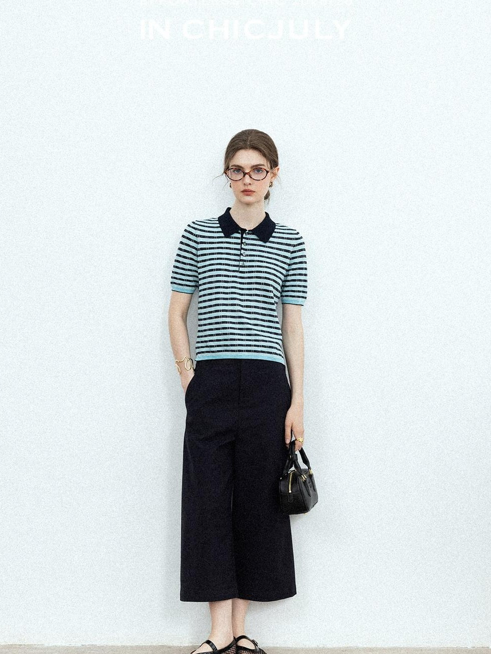 chicjuly Wadi Blue Unique Knit Striped Polo Women's Combed Cotton Short Sleeve T-shirts