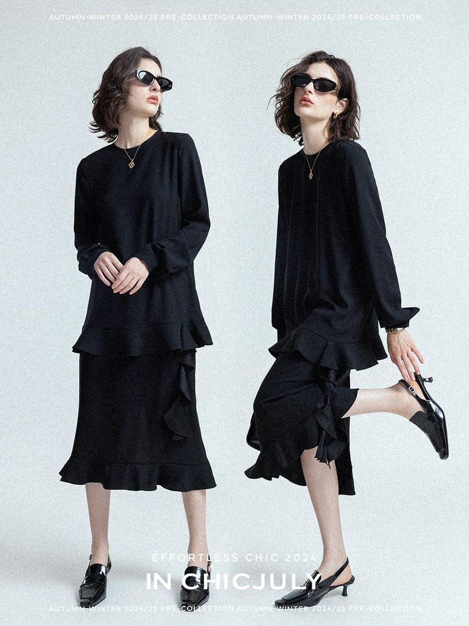 chicjuly Wavy Hem Two Piece Set Designer Cut Women's Acetate Midi Skirts