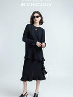 chicjuly Wavy Hem Two Piece Set Designer Cut Women's Acetate Midi Skirts