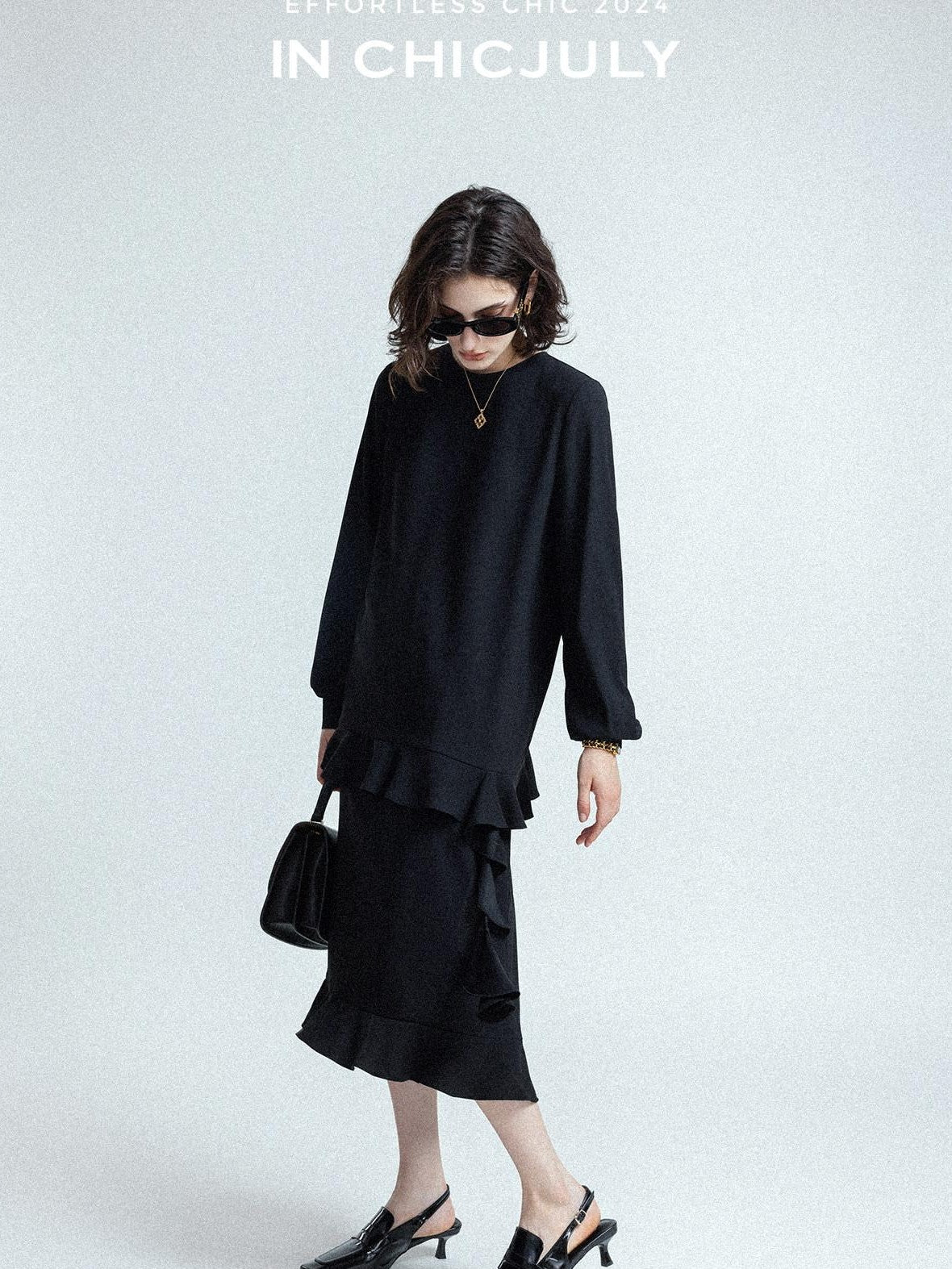 chicjuly Wavy Hem Two Piece Set Designer Cut Women's Acetate Midi Skirts