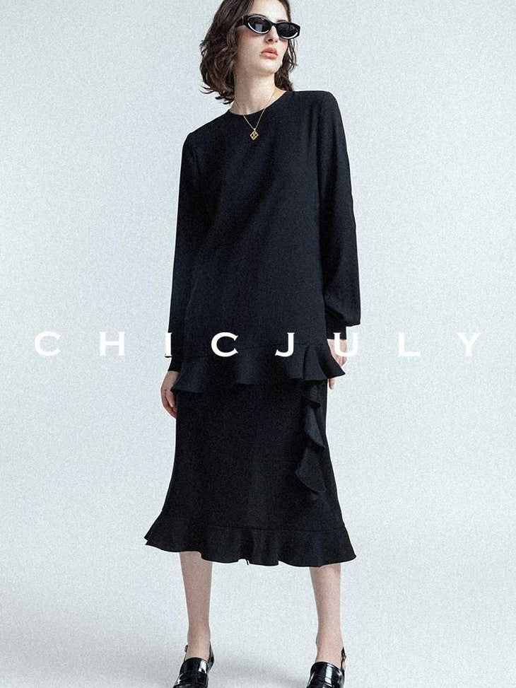 chicjuly Wavy Hem Two Piece Set Designer Cut Women's Acetate Midi Skirts