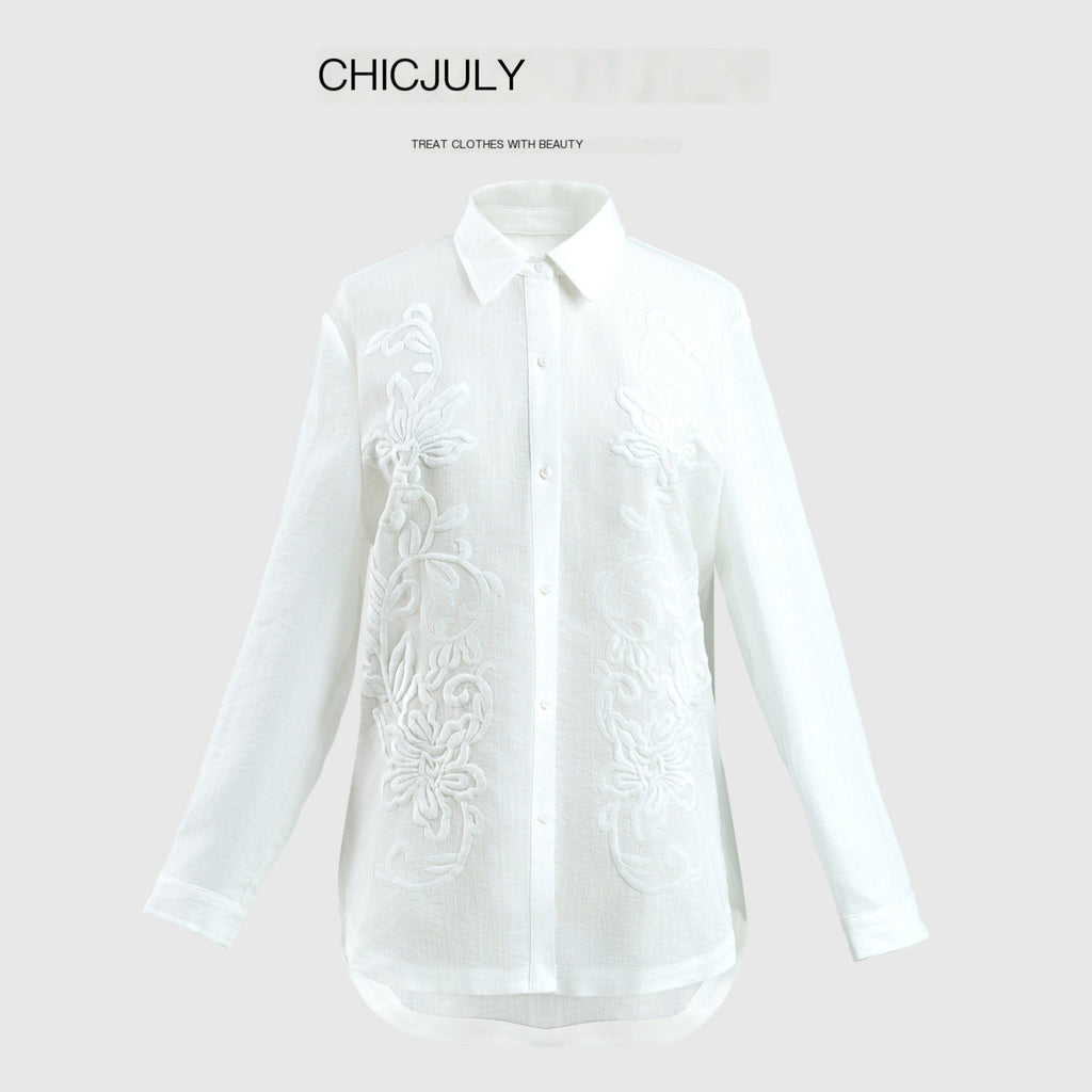 chicjuly White 3d Knotted Embroidery Polo Collar Women's Linen Blend Long Sleeve Shirts 820108215207