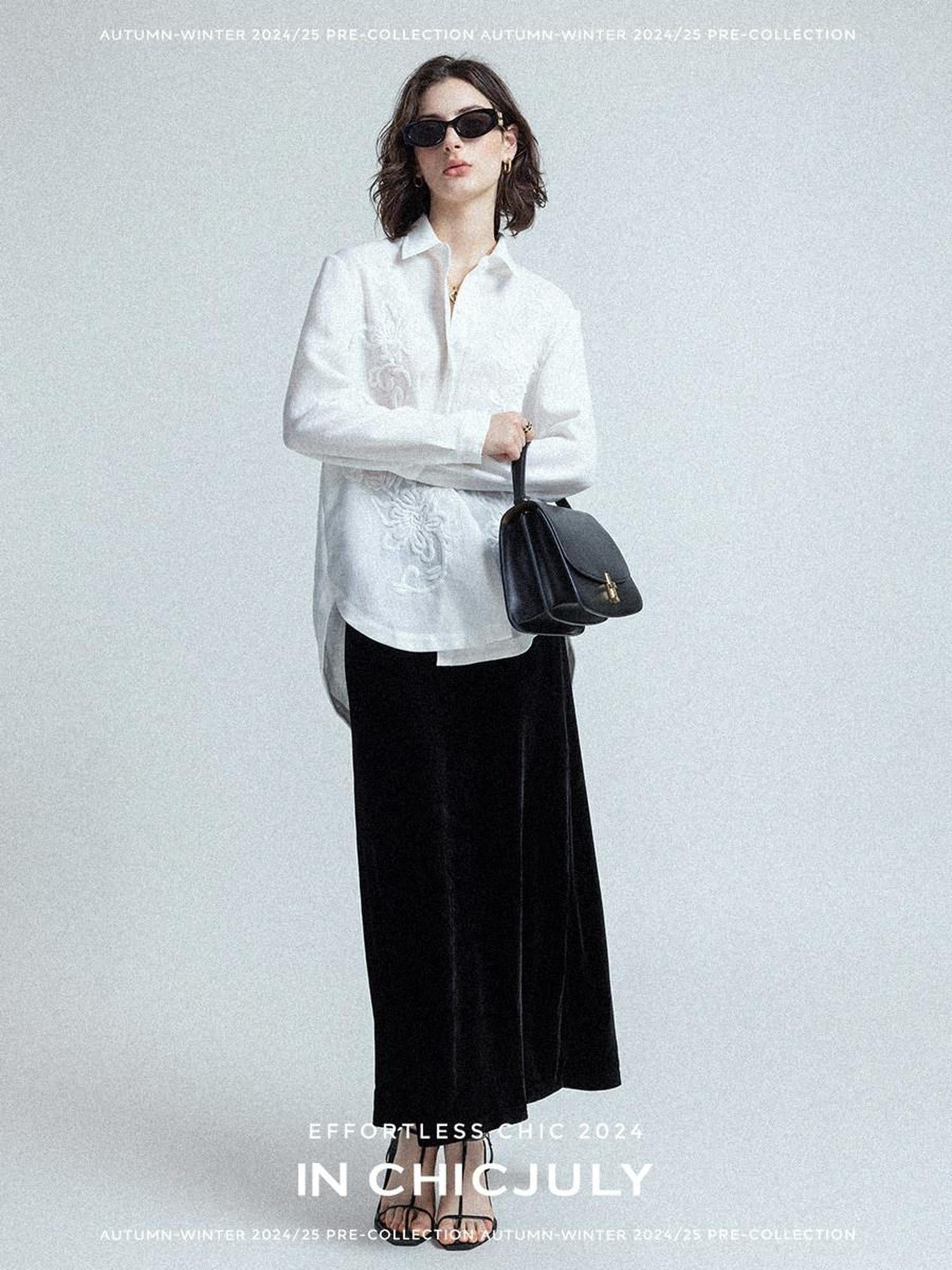 chicjuly White 3d Knotted Embroidery Polo Collar Women's Linen Blend Long Sleeve Shirts