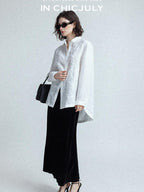 chicjuly White 3d Knotted Embroidery Polo Collar Women's Linen Blend Long Sleeve Shirts