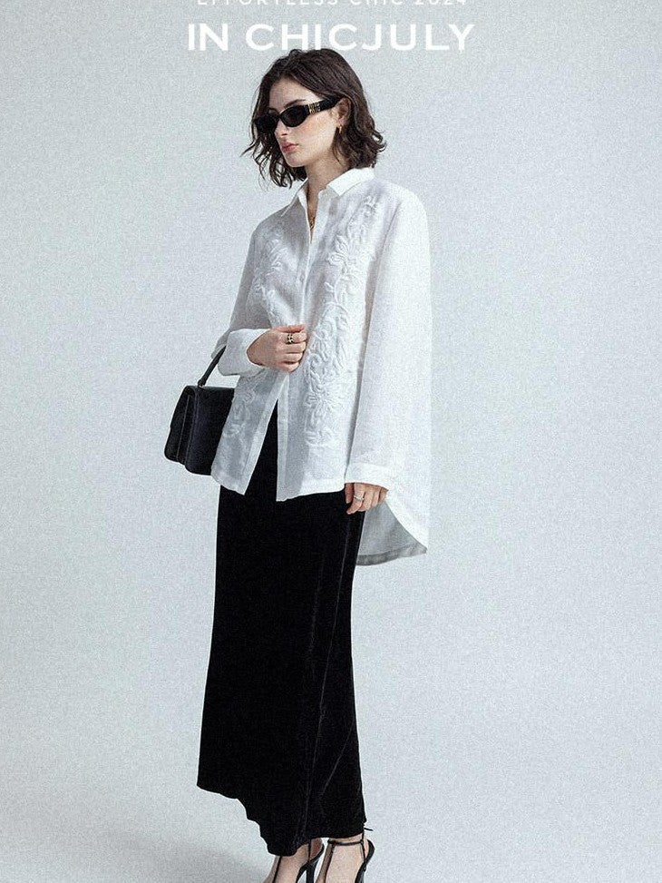 chicjuly White 3d Knotted Embroidery Polo Collar Women's Linen Blend Long Sleeve Shirts