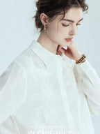 chicjuly White 3d Knotted Embroidery Polo Collar Women's Linen Blend Long Sleeve Shirts
