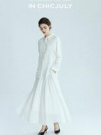 chicjuly White 3d Knotted Embroidery Polo Collar Women's Linen Blend Long Sleeve Shirts
