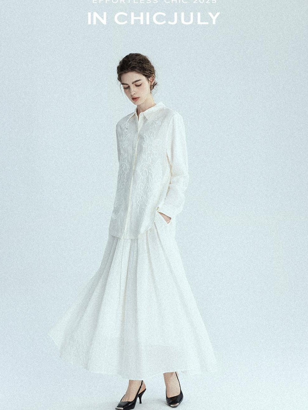 chicjuly White 3d Knotted Embroidery Polo Collar Women's Linen Blend Long Sleeve Shirts