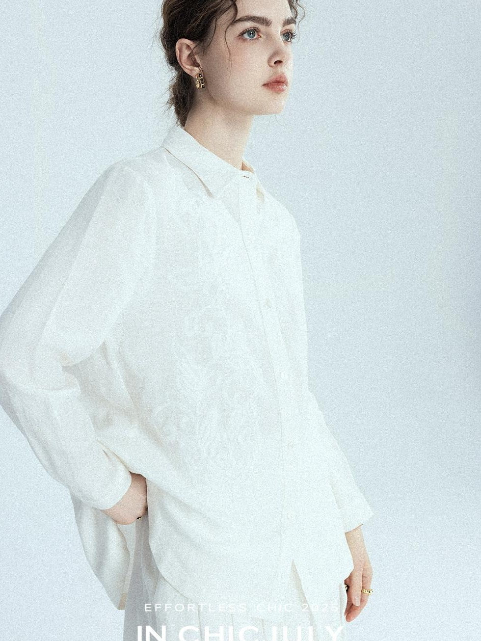 chicjuly White 3d Knotted Embroidery Polo Collar Women's Linen Blend Long Sleeve Shirts