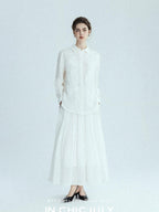 chicjuly White 3d Knotted Embroidery Polo Collar Women's Linen Blend Long Sleeve Shirts
