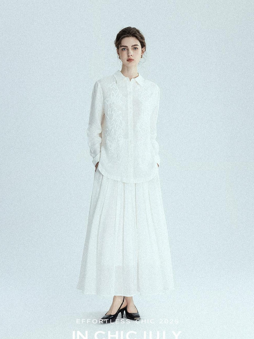 chicjuly White 3d Knotted Embroidery Polo Collar Women's Linen Blend Long Sleeve Shirts