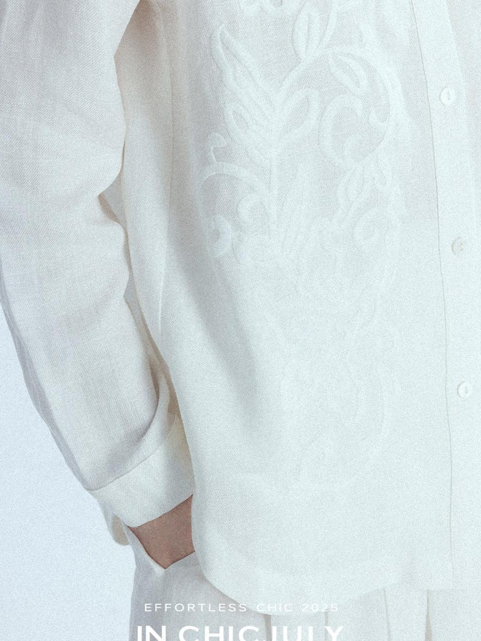 chicjuly White 3d Knotted Embroidery Polo Collar Women's Linen Blend Long Sleeve Shirts