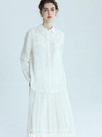 chicjuly White 3d Knotted Embroidery Polo Collar Women's Linen Blend Long Sleeve Shirts
