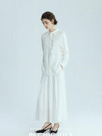 chicjuly White 3d Knotted Embroidery Polo Collar Women's Linen Blend Long Sleeve Shirts