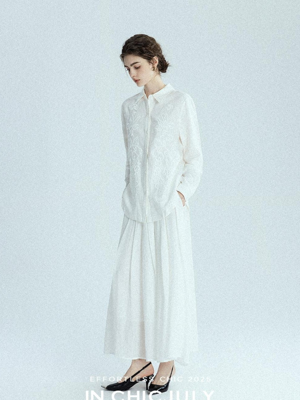chicjuly White 3d Knotted Embroidery Polo Collar Women's Linen Blend Long Sleeve Shirts