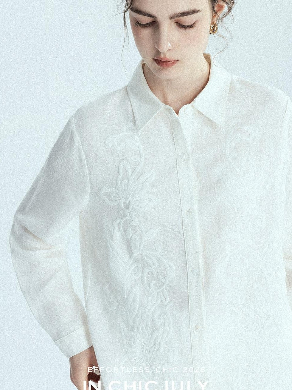 chicjuly White 3d Knotted Embroidery Polo Collar Women's Linen Blend Long Sleeve Shirts