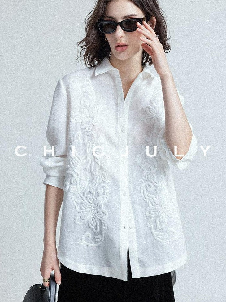 chicjuly White 3d Knotted Embroidery Polo Collar Women's Linen Blend Long Sleeve Shirts