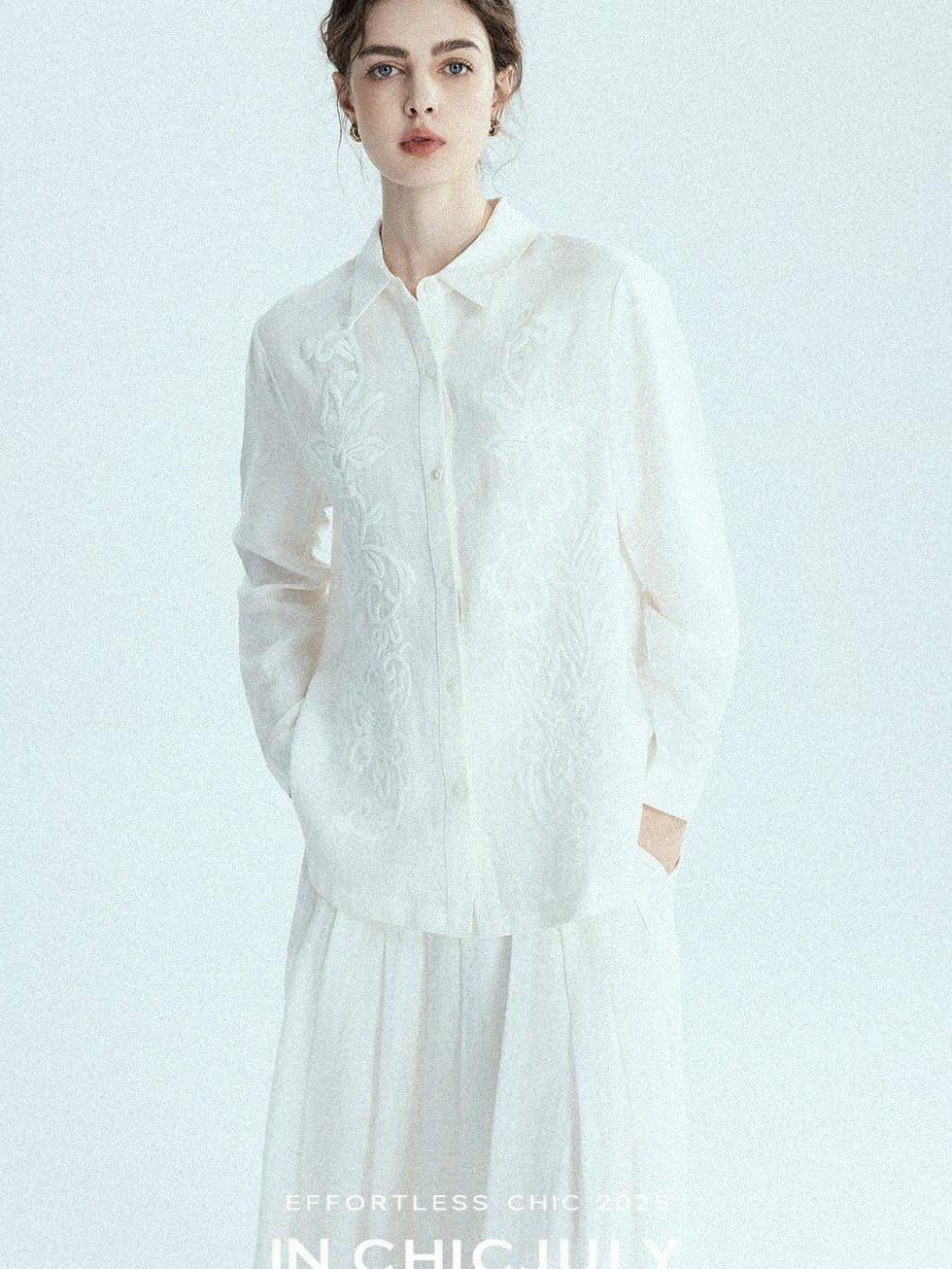 chicjuly White 3d Knotted Embroidery Polo Collar Women's Linen Blend Long Sleeve Shirts