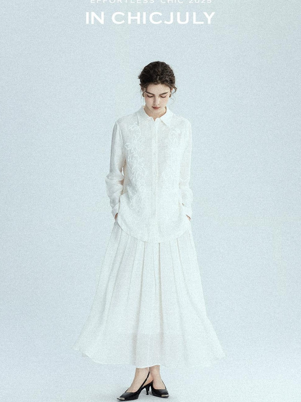 chicjuly White 3d Knotted Embroidery Polo Collar Women's Linen Blend Long Sleeve Shirts
