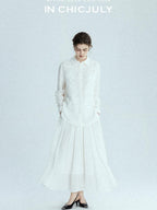 chicjuly White 3d Knotted Embroidery Polo Collar Women's Linen Blend Long Sleeve Shirts