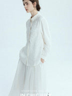 chicjuly White 3d Knotted Embroidery Polo Collar Women's Linen Blend Long Sleeve Shirts