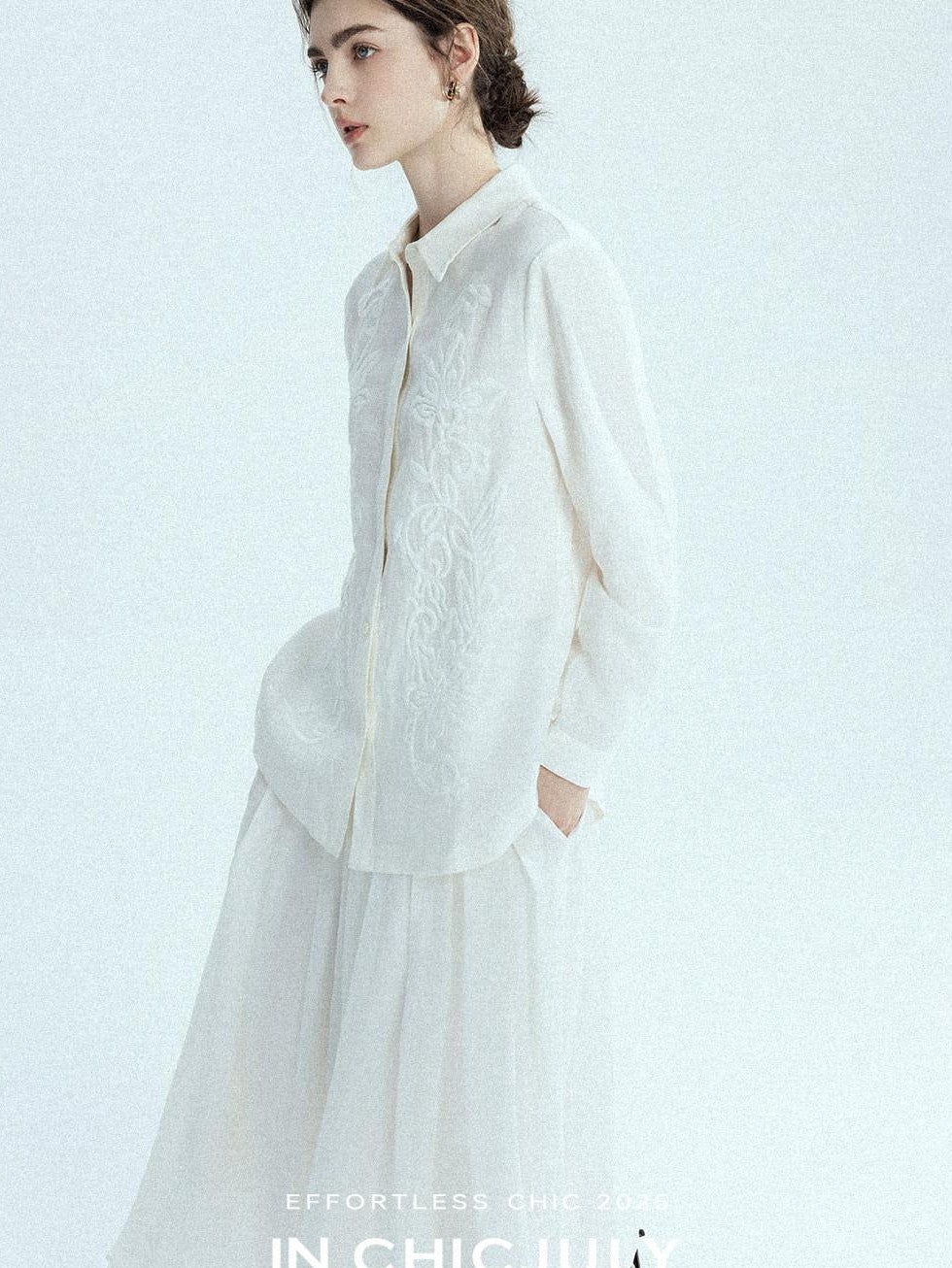 chicjuly White 3d Knotted Embroidery Polo Collar Women's Linen Blend Long Sleeve Shirts