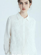 chicjuly White 3d Knotted Embroidery Polo Collar Women's Linen Blend Long Sleeve Shirts