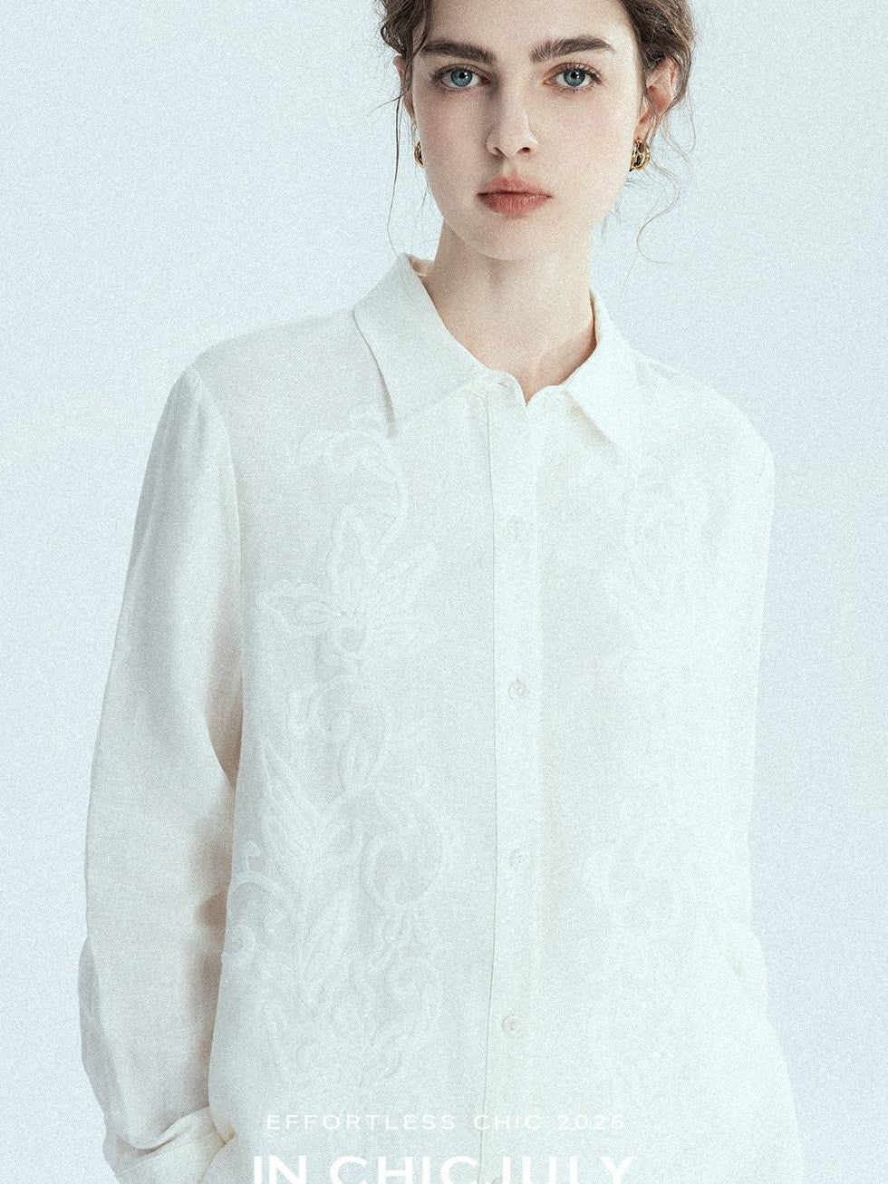 chicjuly White 3d Knotted Embroidery Polo Collar Women's Linen Blend Long Sleeve Shirts