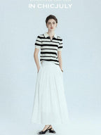 chicjuly White 3d Knotted Embroidery Polo Collar Women's Linen Blend Long Sleeve Shirts