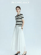chicjuly White 3d Knotted Embroidery Polo Collar Women's Linen Blend Long Sleeve Shirts