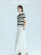 chicjuly White 3d Knotted Embroidery Polo Collar Women's Linen Blend Long Sleeve Shirts