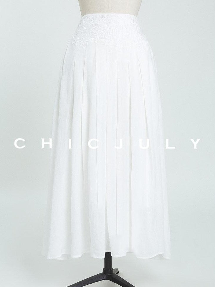 chicjuly White 3d Knotted Embroidery Polo Collar Women's Linen Blend Long Sleeve Shirts