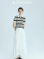 chicjuly White 3d Knotted Embroidery Polo Collar Women's Linen Blend Long Sleeve Shirts