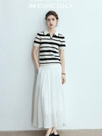 chicjuly White 3d Knotted Embroidery Polo Collar Women's Linen Blend Long Sleeve Shirts