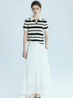 chicjuly White 3d Knotted Embroidery Polo Collar Women's Linen Blend Long Sleeve Shirts