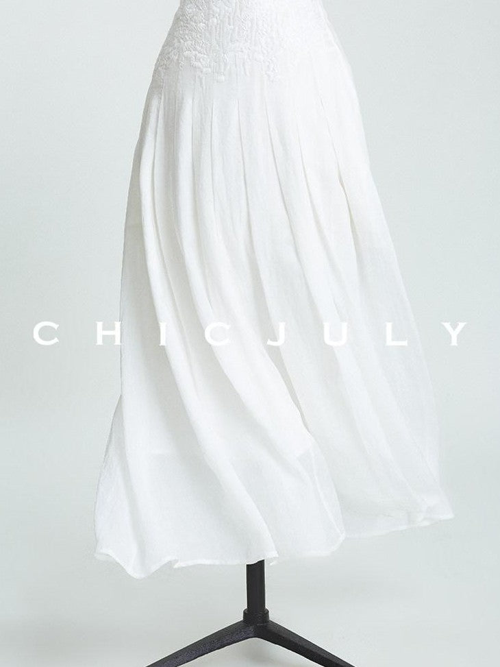 chicjuly White 3d Knotted Embroidery Polo Collar Women's Linen Blend Long Sleeve Shirts