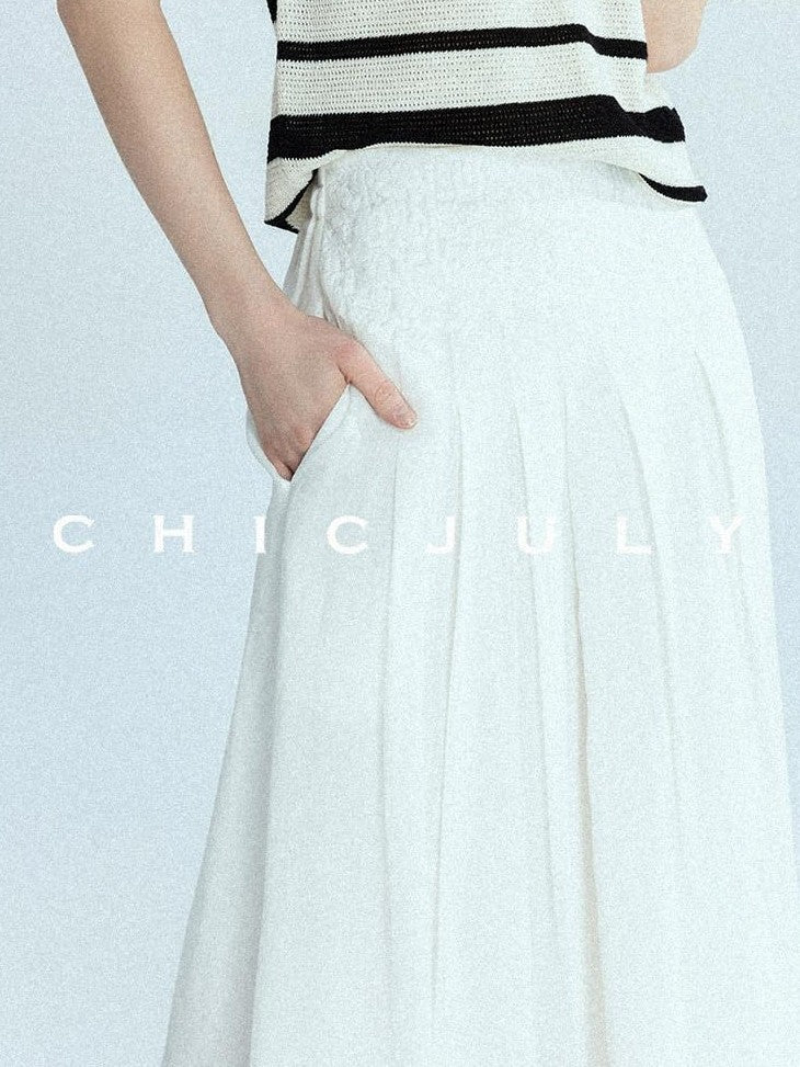 chicjuly White 3d Knotted Embroidery Polo Collar Women's Linen Blend Long Sleeve Shirts
