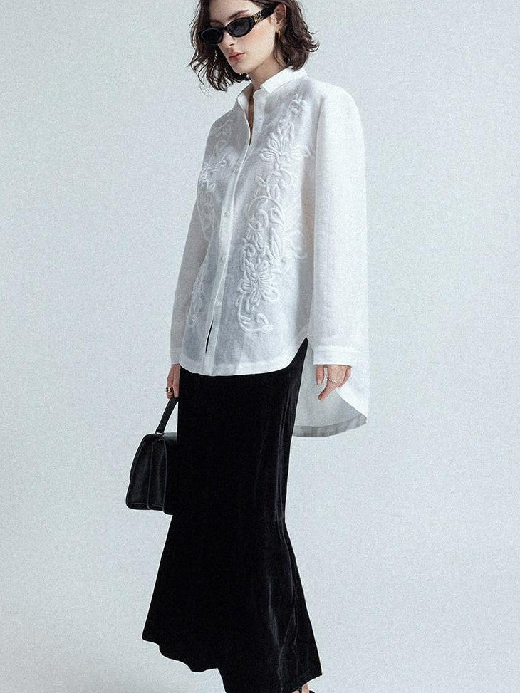 chicjuly White 3d Knotted Embroidery Polo Collar Women's Linen Blend Long Sleeve Shirts