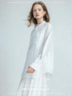 chicjuly White Heavy Embroidery Stand Collar Minimalist Women's Linen Shirts