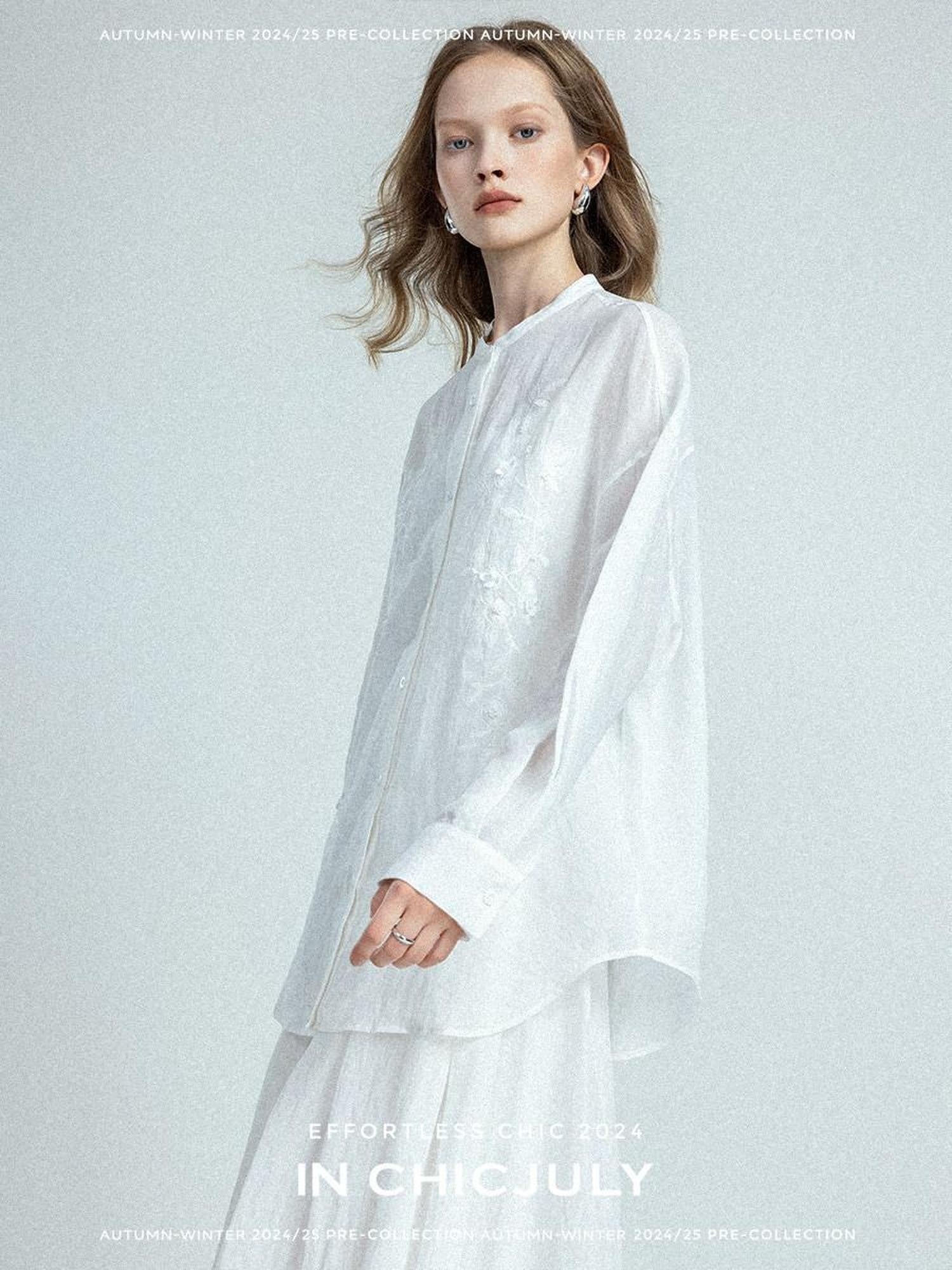 chicjuly White Heavy Embroidery Stand Collar Minimalist Women's Linen Shirts