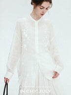 chicjuly White Heavy Embroidery Stand Collar Minimalist Women's Linen Shirts