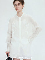 chicjuly White Heavy Embroidery Stand Collar Minimalist Women's Linen Shirts