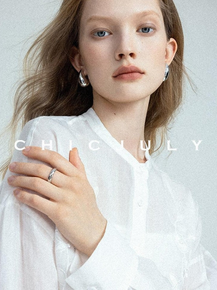 chicjuly White Heavy Embroidery Stand Collar Minimalist Women's Linen Shirts